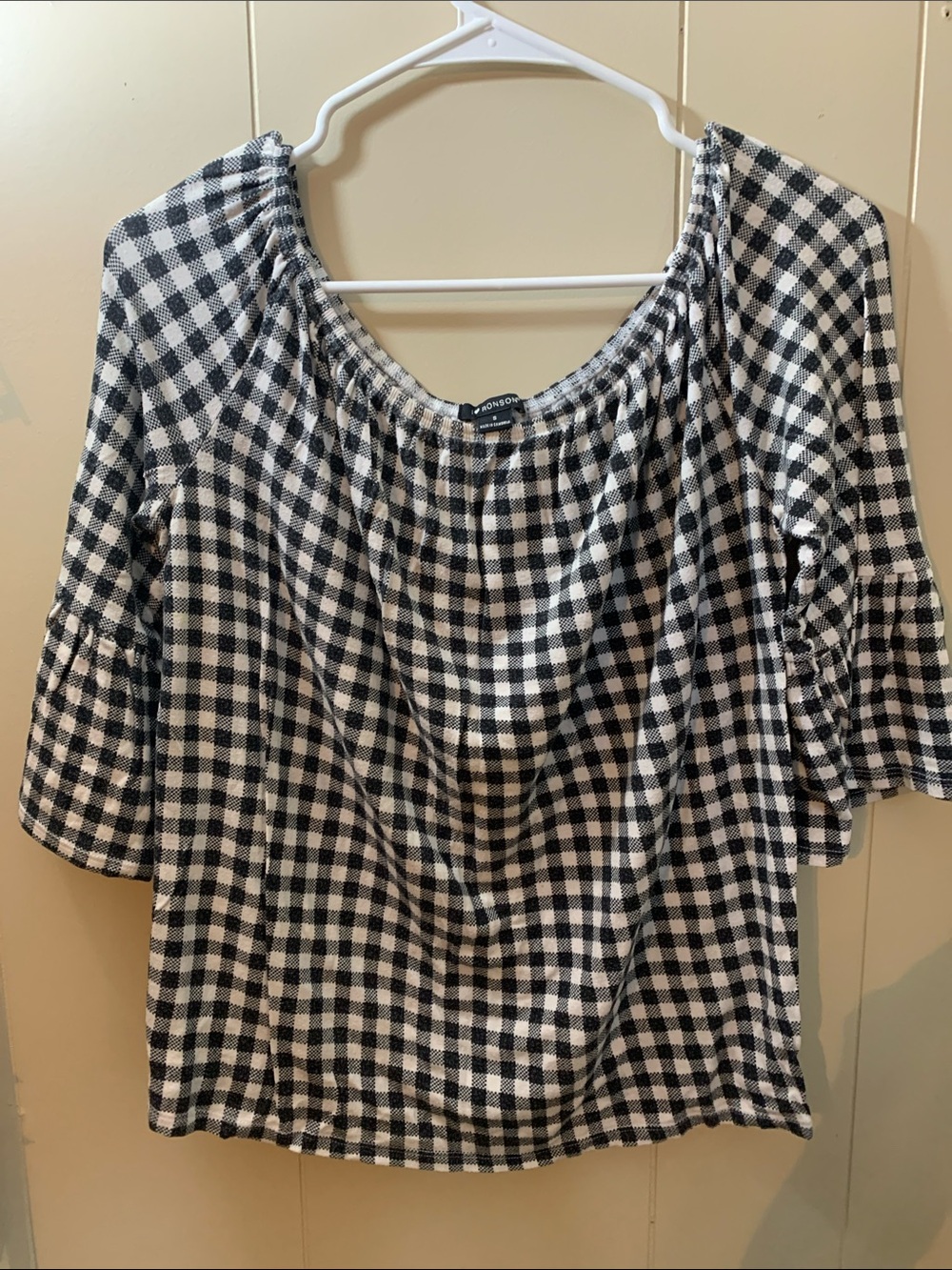 I ❤️ Ronson Black & White Gingham Off-Shoulder Tunic with ruffle sleeve